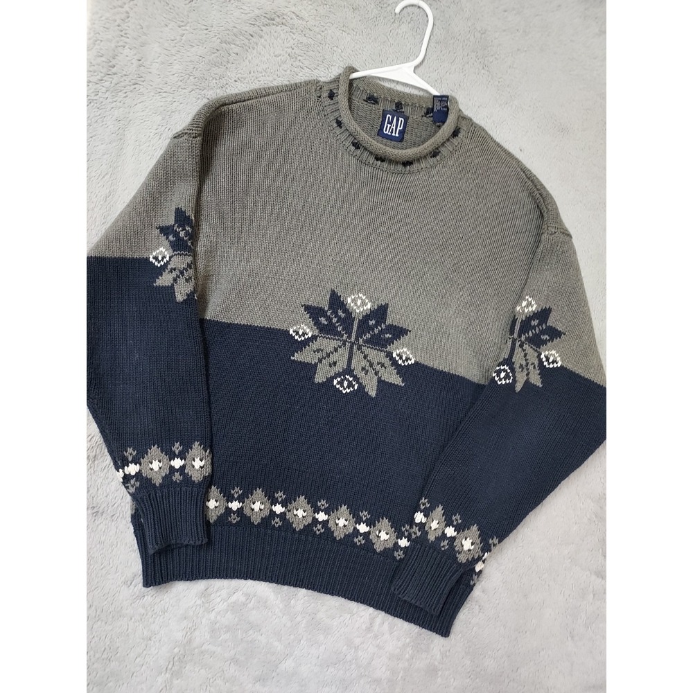 Vintage Gap Sweater Mens Medium Snowflake Roll Neck Gray Blue Heavyweight 90s M